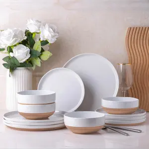 Dinnerware Sets for 4, 12 Pieces Handpainted and Set with Rustic Terracotta Underside, Scratch Resistant Stoneware Dishes Set, Dishwasher & Safe, White