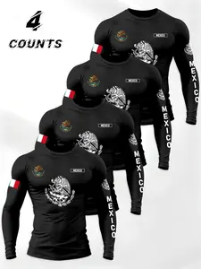Men's Mexican Theme Letter Flag Long Sleeve Classic Fitted T-Shirt 4 Pack, Round Neck, Multi-Functional Daily Wear, Durable Comfort Fit, Athletic Fitted Tee