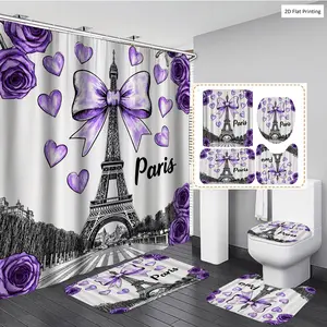 1/3/4PCS Vintage Shower with Eiffel Tower Roses and Hearts Shower Curtain Set with Rugs, Non Slip Bath Mat, U-Shape Carpet, Toilet Lid Cover, Polyester Fabric Bathtub Curtain Accessories, 12 Hooks, Home Bathroom Festival Decor