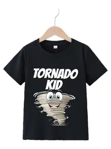 Kids "Tornado Kid" Cartoon Tornado Graphic T-Shirt, Boys Short Sleeve Weather Themed Crew Neck Tee