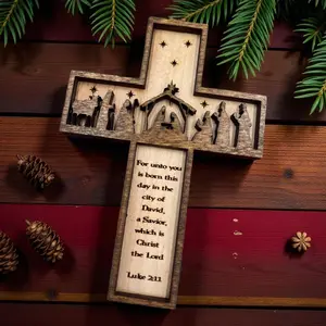 Nativity Cross Scripture Christmas Ornament Religious Luke 2:11 Double Layered 5" Tall Laser Cut Engraved on Plywood with Jute Hanging String