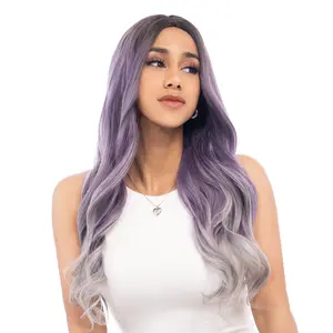 25-Inch Smokey Lavender Purple Silver Ombre (Dark Roots, Silver Ends) Wavy Synthetic Wig | 【Heat Resistant】【Cap Included】 | FSGB