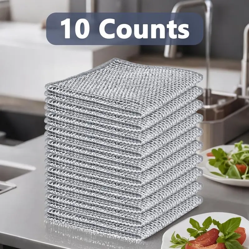 10 Counts Wire Dishwashing Rag, single layer Heavy-Duty Steel Mesh Scrubber, Abrasive-Free Cleaning Cloth for Kitchenware, Pots, Pans and Utensils
