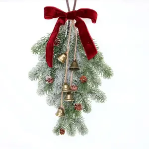 Christmas Wreath with Realistic Pine Needles, Pine Cones, Berry Sprigs, and Bell Ornament for Front Door Holiday Decor