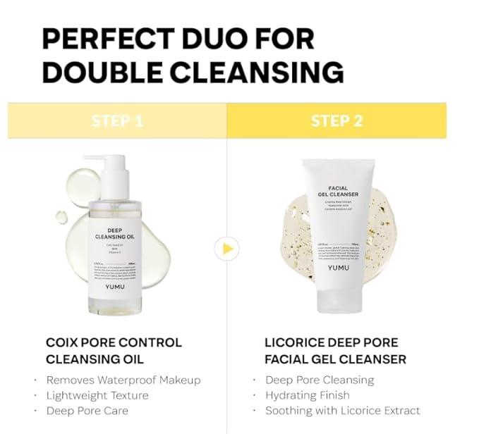 YUMU Double Cleansing Duo Set | Gentle Face Wash + Pore Control Cleansing Oil, Hydrating, Korean Skin Care