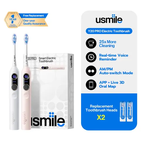 usmile Y20 PRO AI Powered Cordless Battery Operated Electric Toothbrush for Adults - Single Unit, USB-C Charging, Personalized Daily Care, 25x Plaque Removal, 90-Day Battery Life, Cells, Brush Habit Tracker, Cordless Teeth Cleansing for Travel & Home