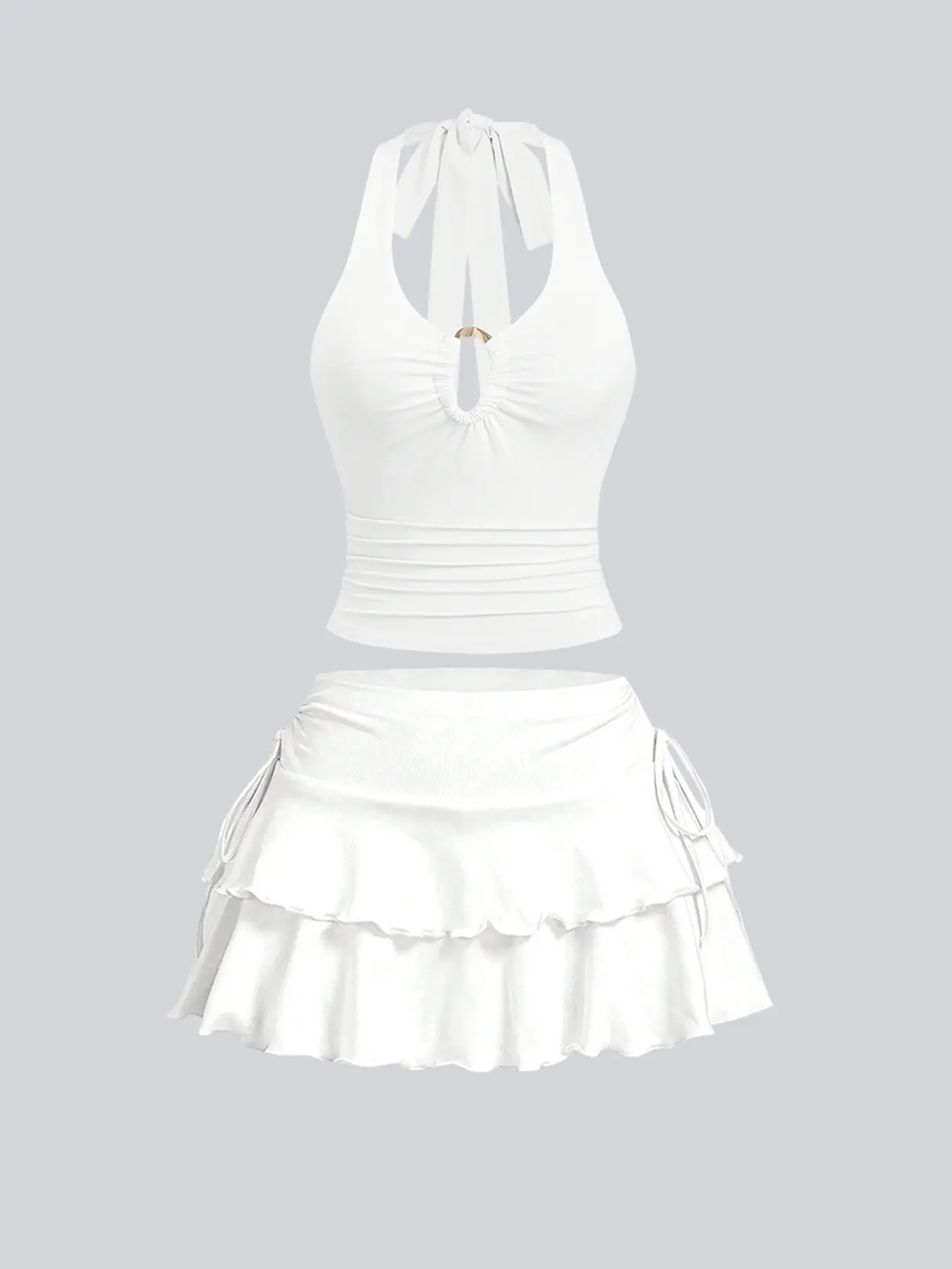 Women's Summer Contoured Cut-Out Bustier & Tiered Ruffle Skirt Set:Detachable Metal Clasp Halter w/ Crisscross Back & Adjustable Side-TieSolid Hue Beach Cover-Up Ensemble-Architectural Elegance for Coastal Adventures, Clothes Outfit