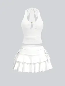 Women's Summer Contoured Cut-Out Bustier & Tiered Ruffle Skirt Set:Detachable Metal Clasp Halter w/ Crisscross Back & Adjustable Side-TieSolid Hue Beach Cover-Up Ensemble-Architectural Elegance for Coastal Adventures, Clothes