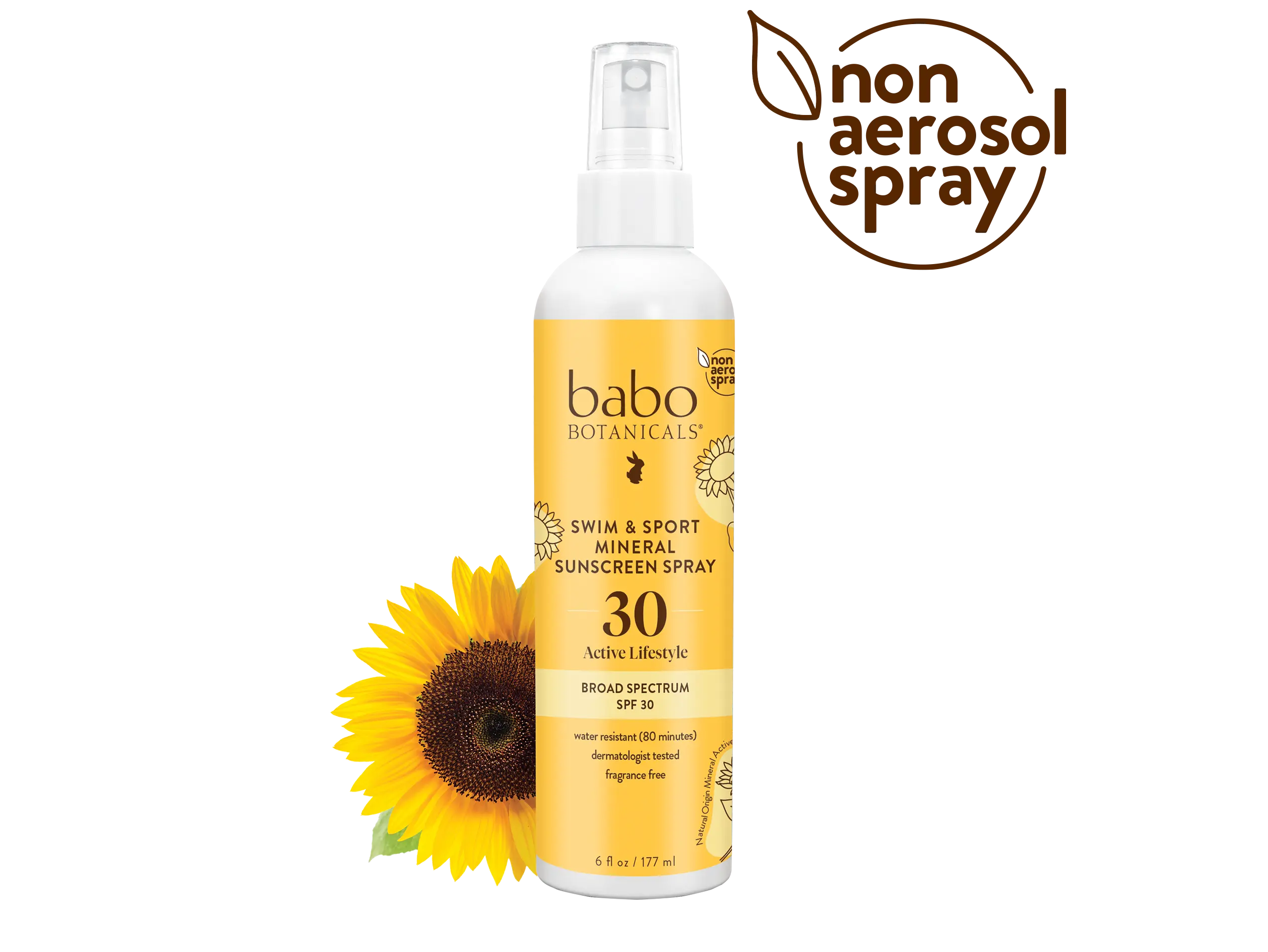 Babo Botanicals Swim & Sport Mineral Sunscreen Spray SPF 30 – Active Lifestyle – Water Resistant (80 Minutes) – Dermatologist Tested – Fragrance Free – Non Aerosol Spray – 6 fl oz (177 ml)