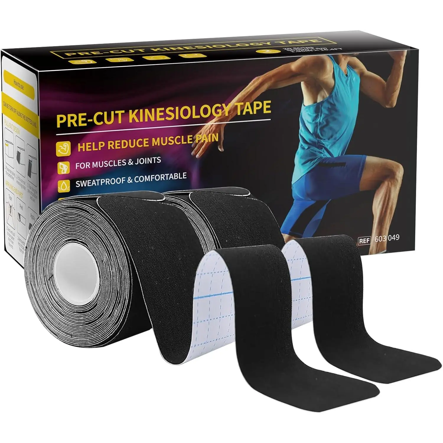 Dimora Kinesiology Tape, 40 Count Precut Strips 2 Rolls, Original Cotton, 10" Elastic Athletic Tape for Muscle Pain Relief and Joint Support, Black