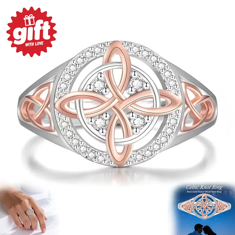 Women's Celtic Knot 2-Tone Cubic Zirconia Ring, Witchcraft Faith Jewelry for Ireland-Inspired Outdoor Leisure Gifting (Halloween, Birthday)
