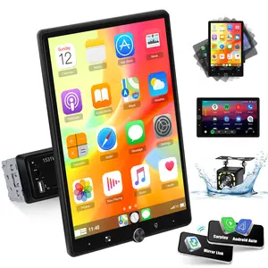 10.4‘’ Single Din Car Stereo with Wireless Carplay Android Auto, Manual Rotator Screen with Bluetooth FM AM Radio Mirror Link USB/AUX/Equaliser Setup + Reversing Camera