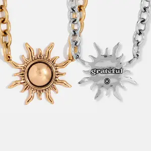 Grateful Sun Sunburst  Choker Necklace with Gold Silver Pendant Crystal Quartz & Chain Toggle Closure 3" Drop Stylish Trending Accessory Beach Summer Necklace Style
