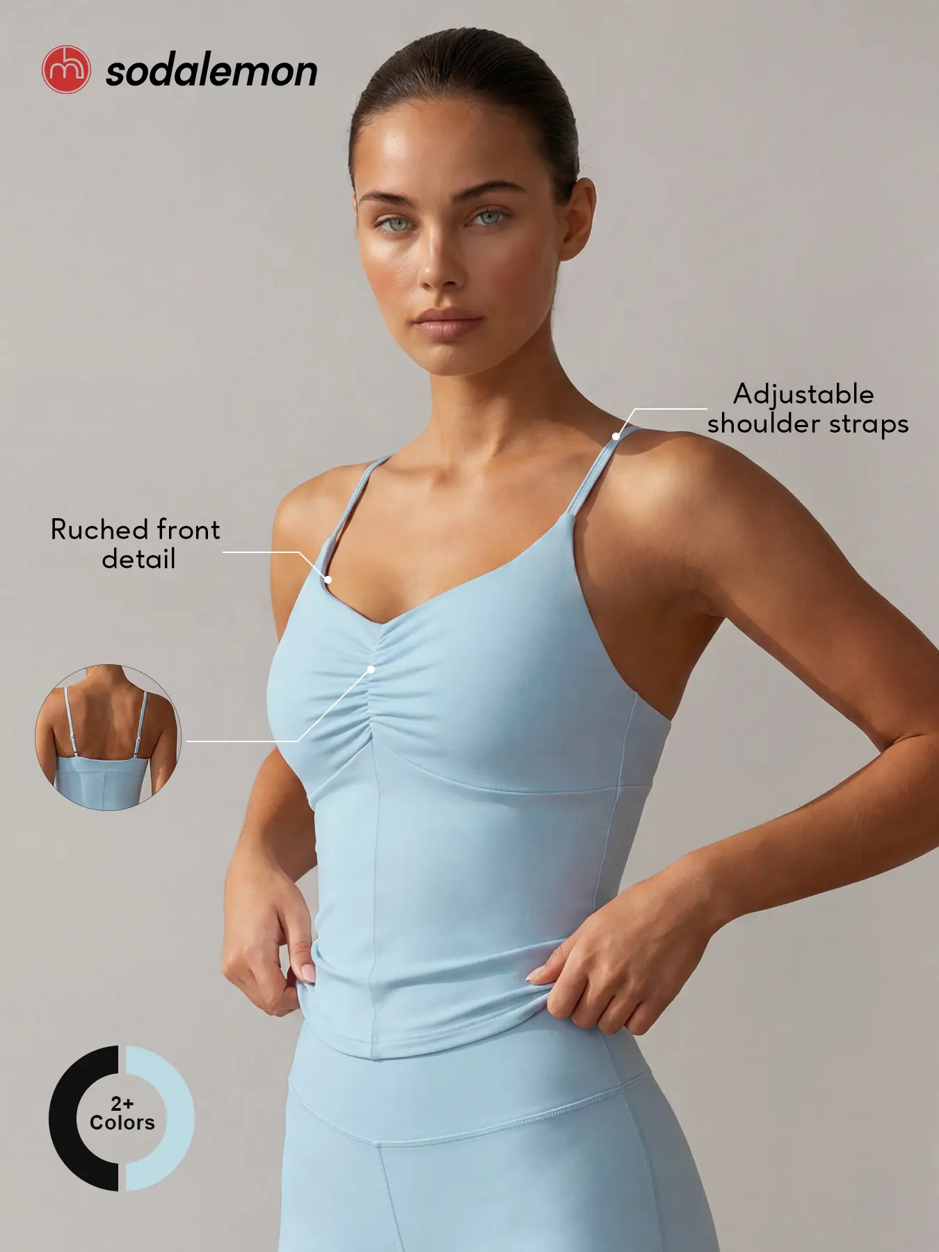 Sodalemon Women Adjustable Strap Ruched Front Yoga Sports Bra Tank Top, V Neck Longline Workout Top, Outdoor Pilates Fitness Sports Bra