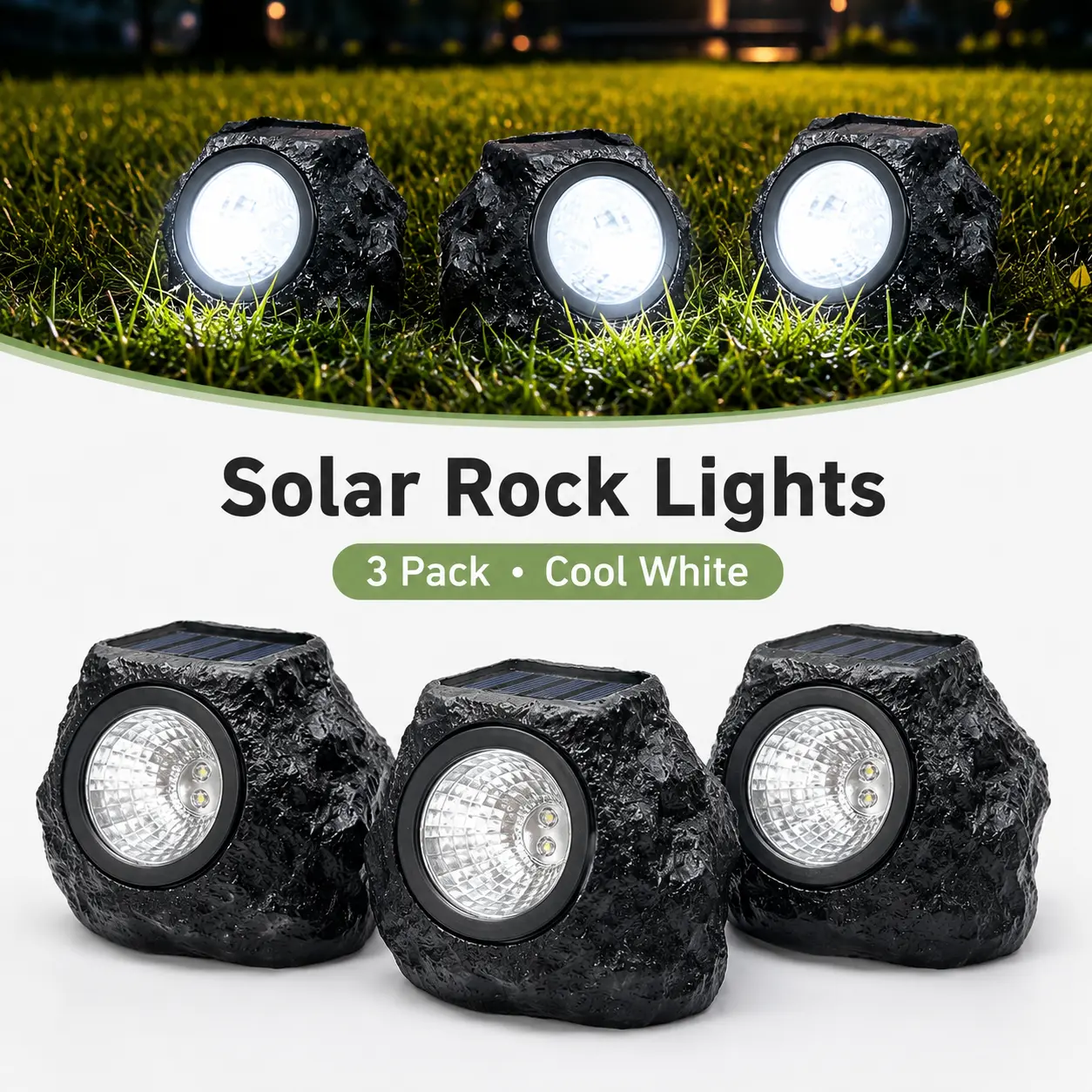 3 Pack Solar Rock Landscape Lights, 3 LEDs Waterproof IP65 Fake Stone Solar Lights for Garden Pathways, Outdoor Ground Lighting with Auto On/Off & White