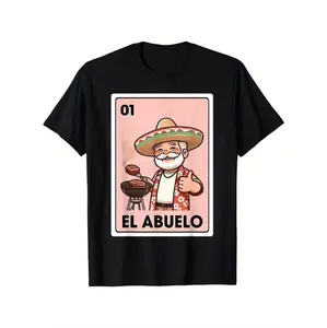 Vintage Mexican Bingo Card Graphic T-Shirt Featuring El Abuelo Grilling Grandpa Design Perfect for Themed Parties and Casual Wear