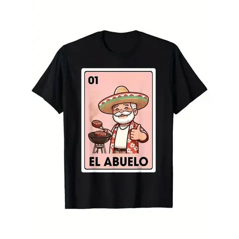 Vintage Mexican Bingo Card Graphic T-Shirt Featuring El Abuelo Grilling Grandpa Design Perfect for Themed Parties and Casual Wear