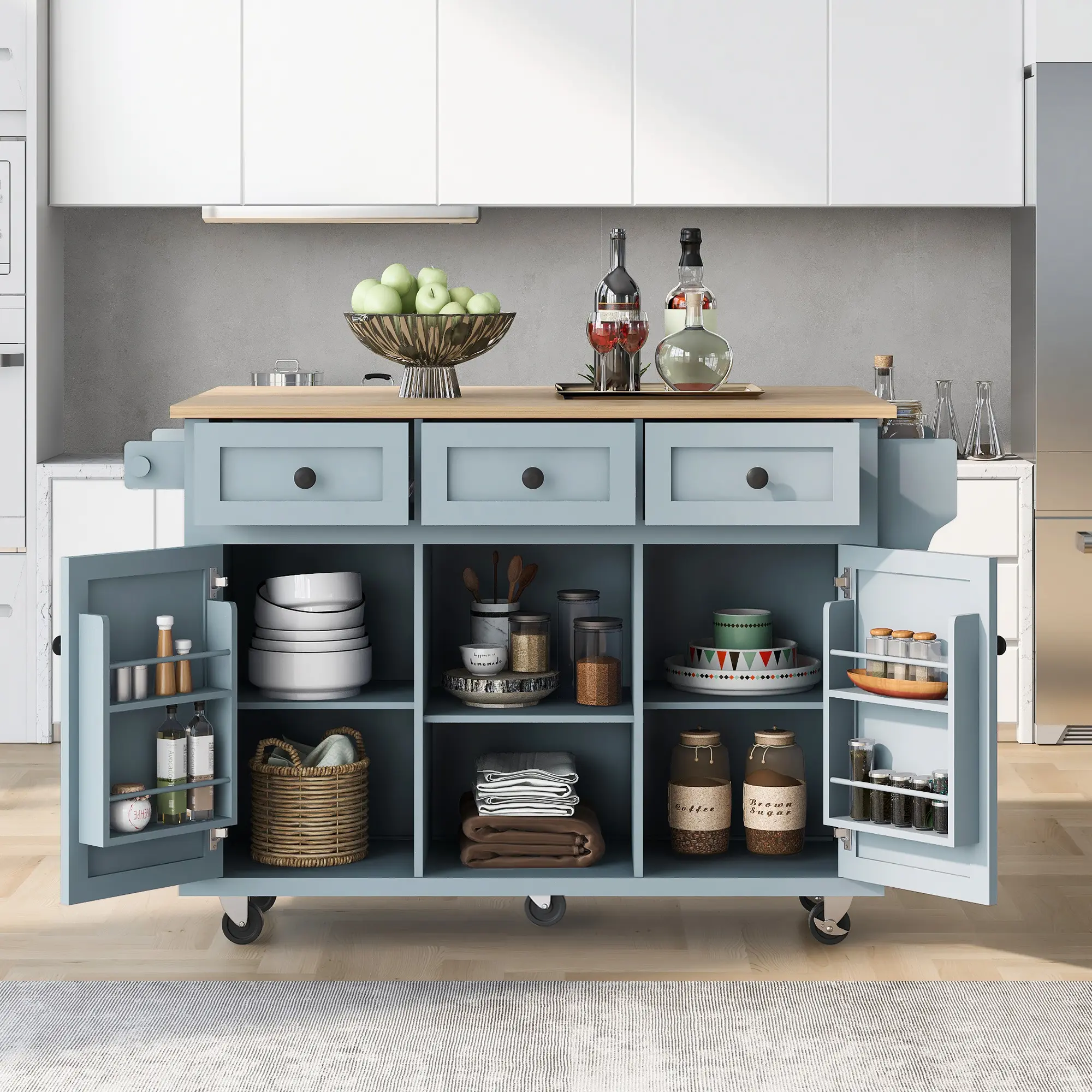 Rolling Kitchen Island with Drop-Leaf Countertop, Storage Cabinet, 3 Drawers, Towel Rack, Spice Rack, MDF, Blue, 53.1x29.5x37.2 in