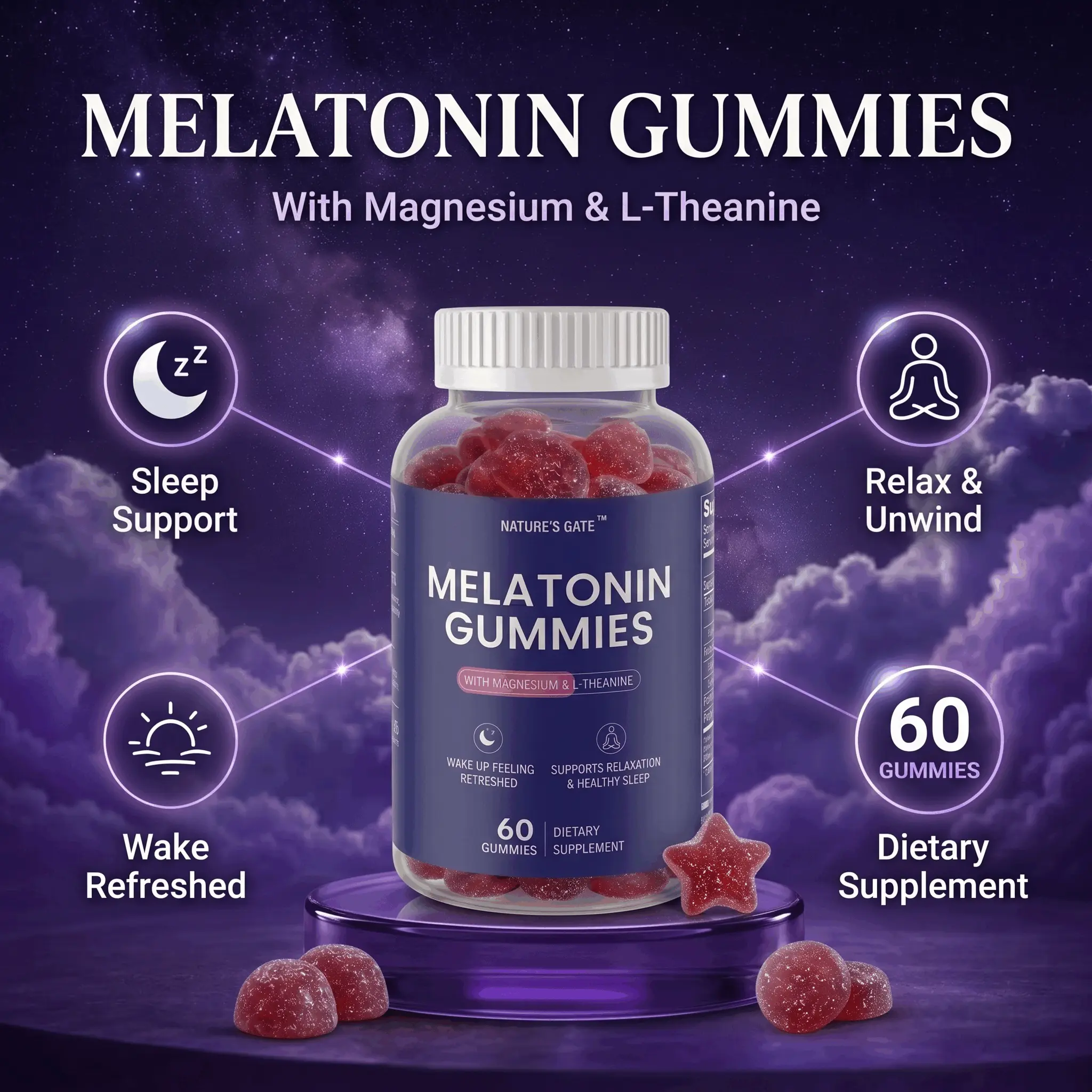 Natural deep organic Sleep aid Chewable Gummies with L-Theanine & Magnesium - Nighttime Rest Support, Regulated Sleep Cycles - 60 Count, 30-Day Supply Wellness Supplement backtoschool