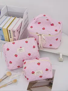 Plaid Embroidered Makeup Bag, Strawberry Pattern Cosmetic Bag, Portable Storage Bag, Fashion Casual Skincare Organizer