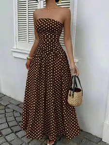 Women's Polka Dot Print Belted Crop Top Dress, Vacation Style, Casual Sun Dress, Long Dress, Ultra-Long Dress, Polka Dot Dress
