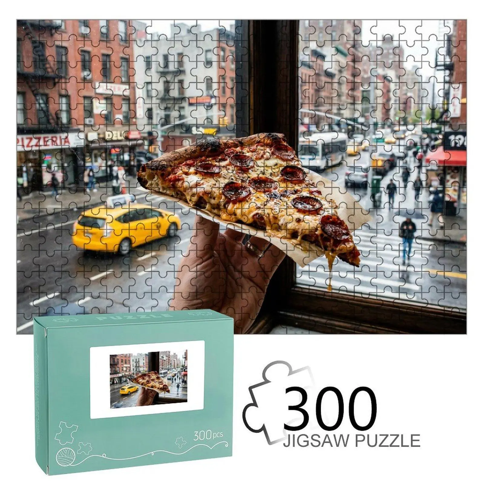 High-Def Retro Urban Pizza & NY Street Rain Jigsaw Puzzle, Premium Cardboard, Family Game, Ideal for Food Lovers Home Decor, Retro Urban Style