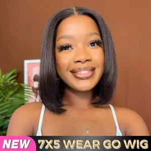 CurlyMe Yaki Straight Bob Hair Wear Go Glueless Wig Pre Cut 7x5 HD Lace With Bleached Knots-Natural Hairline Outdoorfun