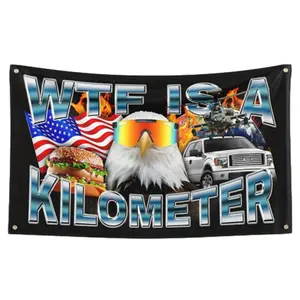 WTF Is A Kilometer? Patriotic 4th of July Tapestry Banner - Humorous USA Flag Design with Bald Eagle, Military Vehicles & Fast Food - Durable Indoor/Outdoor Wall Decor with 4 Brass Grommets, American Flag Decor, Indoor Outdoor Tapestry