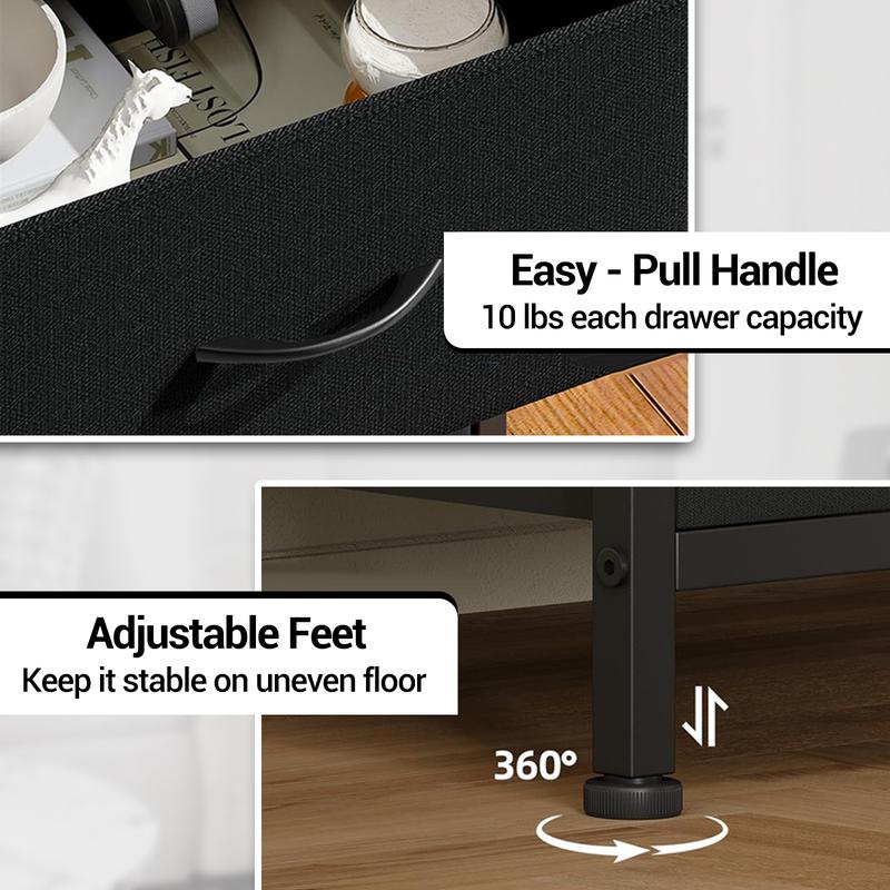 Bedside Table, Side End Table with 4 Fabric Storage Drawers, Bedside Cabinet with Open Storage Shelf, Nightstand for Bedroom, Livingroom, Office, 41 * 29 * 83.5Cm, Black