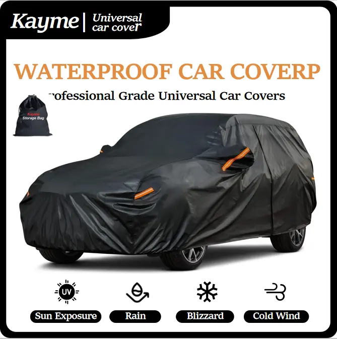 KAYME Heavy-Duty 7-Layer Vinyl Car Cover, Waterproof All-Weather Outdoor Full Exterior Cover with Reflective Strips & Zipper, Hailproof Shield, Durable Universal Fit for Sedan/SUV/Coupe (165"-200") with Outdoor Storage Bag, Compatible with Cadillac Ct5, S