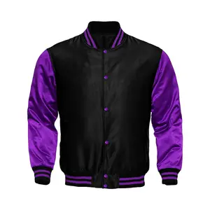 Deckra Menswear Original Handmade Long Sleeve Varsity Satin Coat - Men's Casual Chic Polyester Top with Buttons, Pocket, Black-Purple Color Option