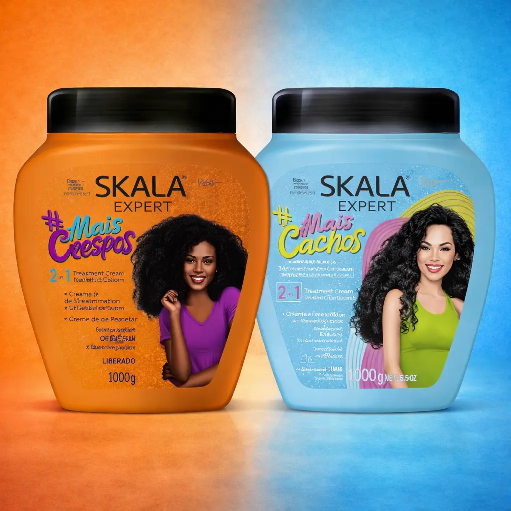 Skala Expert Viral Brazilian Haircare Dual Combo Conditioner Kit - Blue Mais Cachos 35.2 oz (1000g) Castor-Based Intensive Cream, Mais Crespos 35.2 oz (1000g) Anti-Frizz Defining Curl Leave-In Blend for Adult Curly Hair Products with 3-Min Massage
