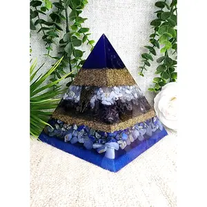 ZADKIEL - Orgonite Pyramid - EMF Protector - Blue Lace Agate, Amethyst, Lapis Lazuli, Blue Chalcedony and Brass Metal
