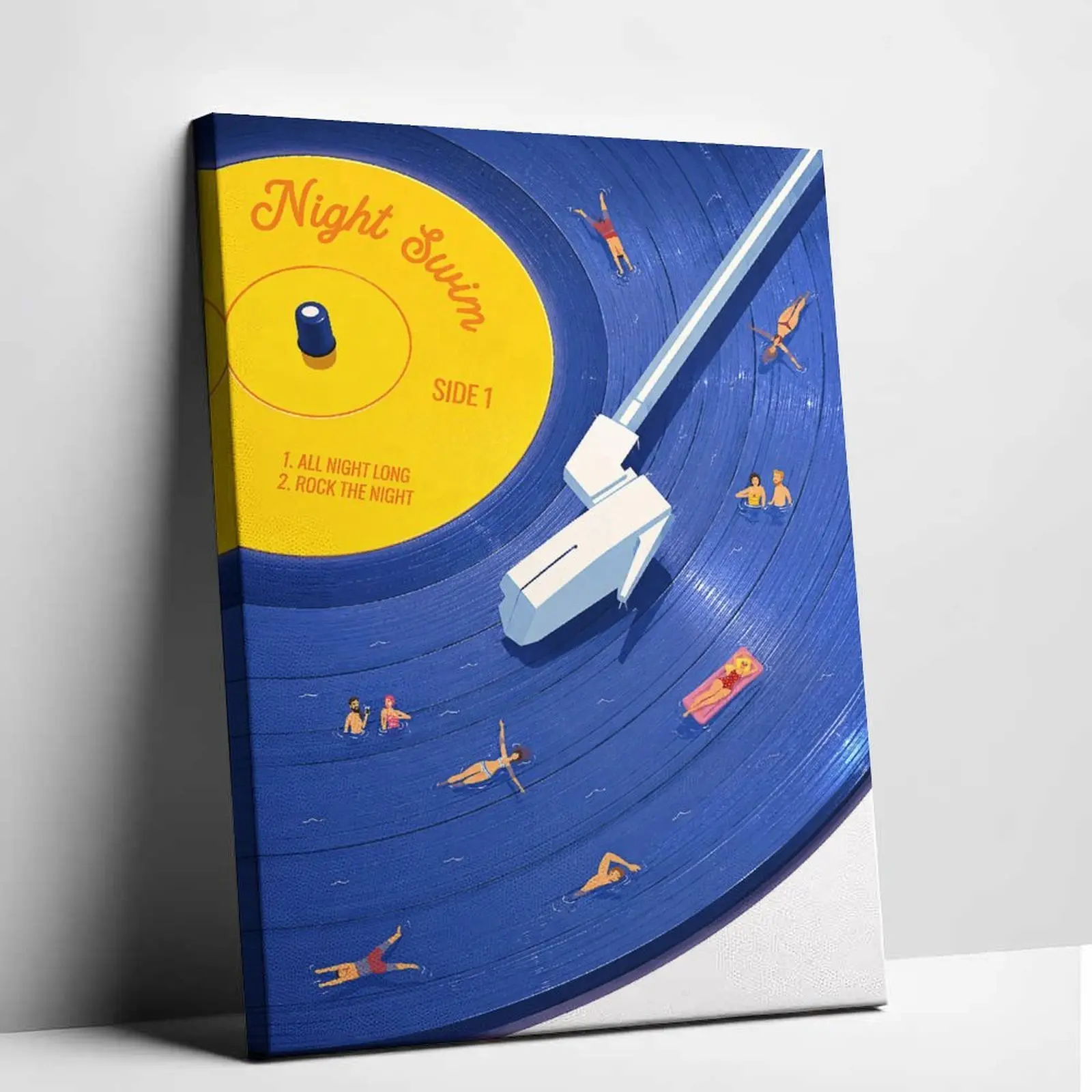 Night Swim Vinyl Record Poster Canvas Wall Art Creative Music Album Graphic Print Retro Blue Pool Swimming Illustration Canvas Painting Whimsical Aesthetic Picture Decor for Bedroom Living Room Apartment Artworks