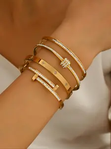 Elegant Zircon Stainless Steel Bracelet Set, 18k Gold Plated Mirror Polished, Waterproof, Personalized Jewelry for Women, Wedding Gift, Stackable Bracelets