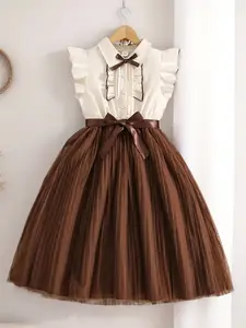 Girls' Bow-Embellished Flared Sleeve Dress, Stylish Sweet Look for Daily Parties, Cute and Trendy Design with Collar, Collared Dress