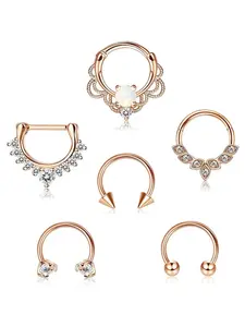 6 Pcs 16G Septum Ring Cute CZ Cartilage Earrings Stainless Steel Nose Ring Hoop Tragus Helix Daith Earrings Hinged Segment Clicker Ring Septum Piercing Jewelry