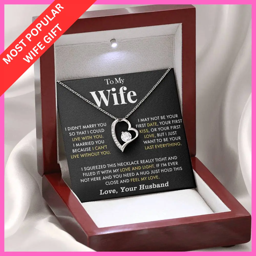 To My Wife Anniversary Necklace with Cubic Zirconia Pendant Love Heart Gift for Wife Birthday Present White Gold Over Stainless Steel Adjustable Chain 18-22 Inches