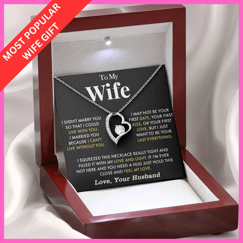 To My Wife Anniversary Necklace with Cubic Zirconia Pendant Love Heart Gift for Wife Birthday Present White Gold Over Stainless Steel Adjustable Chain 18-22 Inches