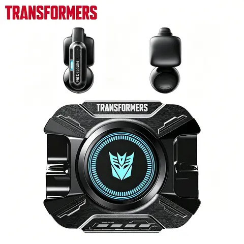 Transformers TF-T93 Water-Resistant Ear-Clip True Wireless BT6.0 Earbuds with Mic, Fast-Charging Metal Zinc Alloy Armor Case, Low Latency Game Mode, 12mm Hi-Res Audio Drivers, Secure Fit Travel Sports Headphones (Megatron Black)
