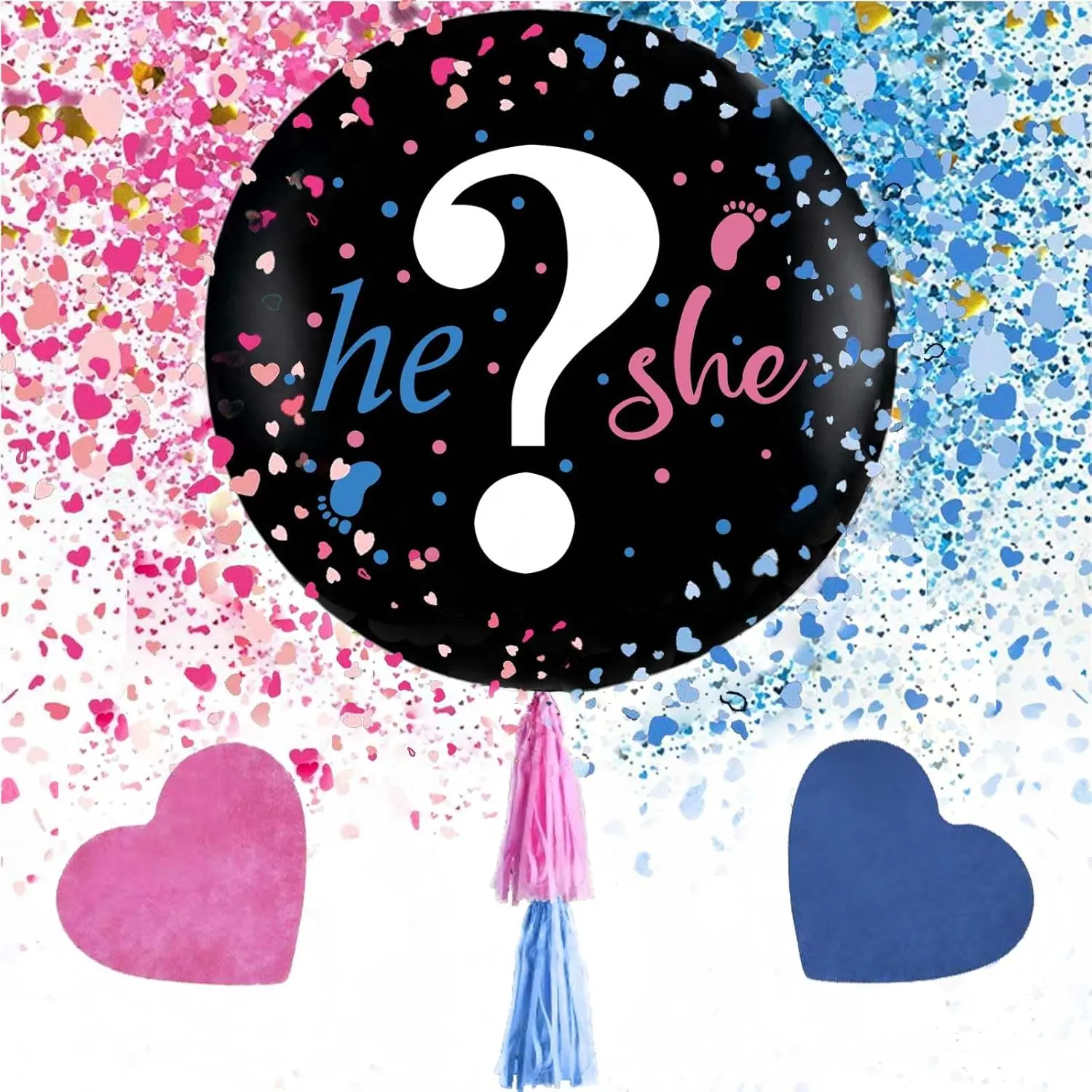 Gender Reveal Balloon Kit, 36-Inch Black Balloons with Confetti for Boy or Girl Reveal Party