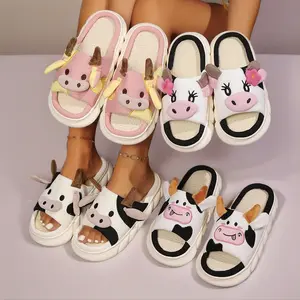 Women's Linen Slippers with Cute Cow Design Thick Bottom Comfortable Home Wear Soft Durable Versatile Use Ideal for Relaxing and Lounging