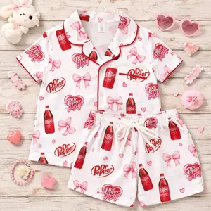 Dr Pepper Girly Kid Pajama Set Pink Bow Heart Print Sleepwear Cute Two Piece Lounge Set Short Sleeve Button up Top and Shorts Nightwear