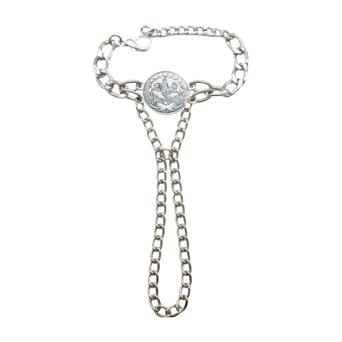 New Women Silver Metal Hand Chain Bracelet Moroccan Style Coin Charm Connected Ring Fashion Jewelry