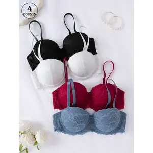 4-piece Solid Color Lace Floral Sexy Bra Women's Sexy Bra, Underwire Push Up, Push-Up and Lift to Enhance Bust Shape, Lace-Trimmed, Lightweight, Breathable and Comfortable, Simple and Fashionable Solid Color Underwear for All Seasons, Underwire Push Up