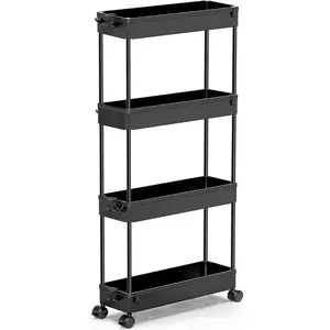 [New Deal] Slim Rolling Storage Cart 4 Tier Organizer Mobile Shelving Unit for Kitchen Bathroom Laundry Narrow Places Black Racks Multicolor