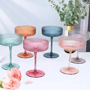 Shatterproof Acrylic Ribbed Vintage Art Deco Martini, Champagne & Cocktail Muted Color Plastic Tritan Coupe Glasses | Set of 6 | 8 oz Ripple Glassware Classic Cocktail Indoor & Outdoor, European Style