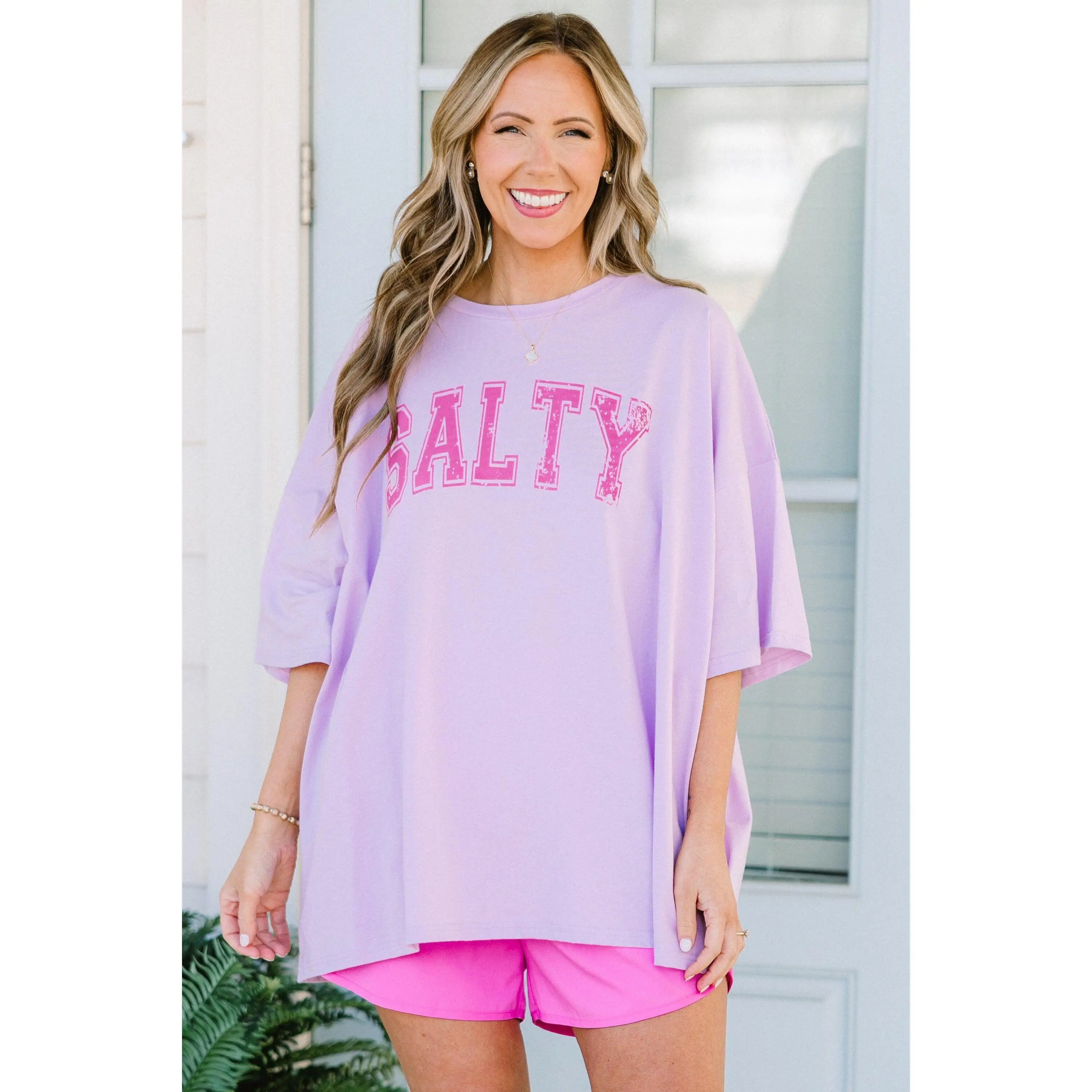 Women's Cotton Varsity Salt Life Boyfriend Tee - Lilac Oversized Casual Top, Baggy Varsity Style Tshirt for Women, Oversized Tshirt Women
