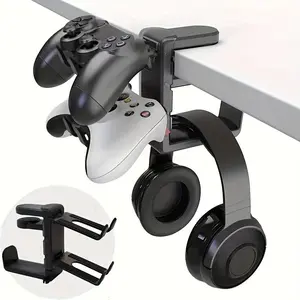 3-in-1 PC Gaming Headphone & Controller Holder, Adjustable & Rotating Arm Clamp, Universal Headset Controllers Hook with Cable Organizer, Headphone Stand