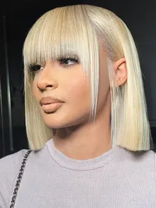 TIMOPOL Women's Brazilian Natural Hair 613 Bob Wig, 10 Inch with Bangs, Pre-Styled for Comfort and Style, 150% Density, Human Hair Wigs